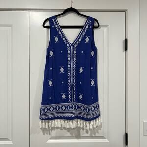 Lulus Women's Sleeveless Mini Dress Blue‎ White Pattern Tassles on Hem Size S
